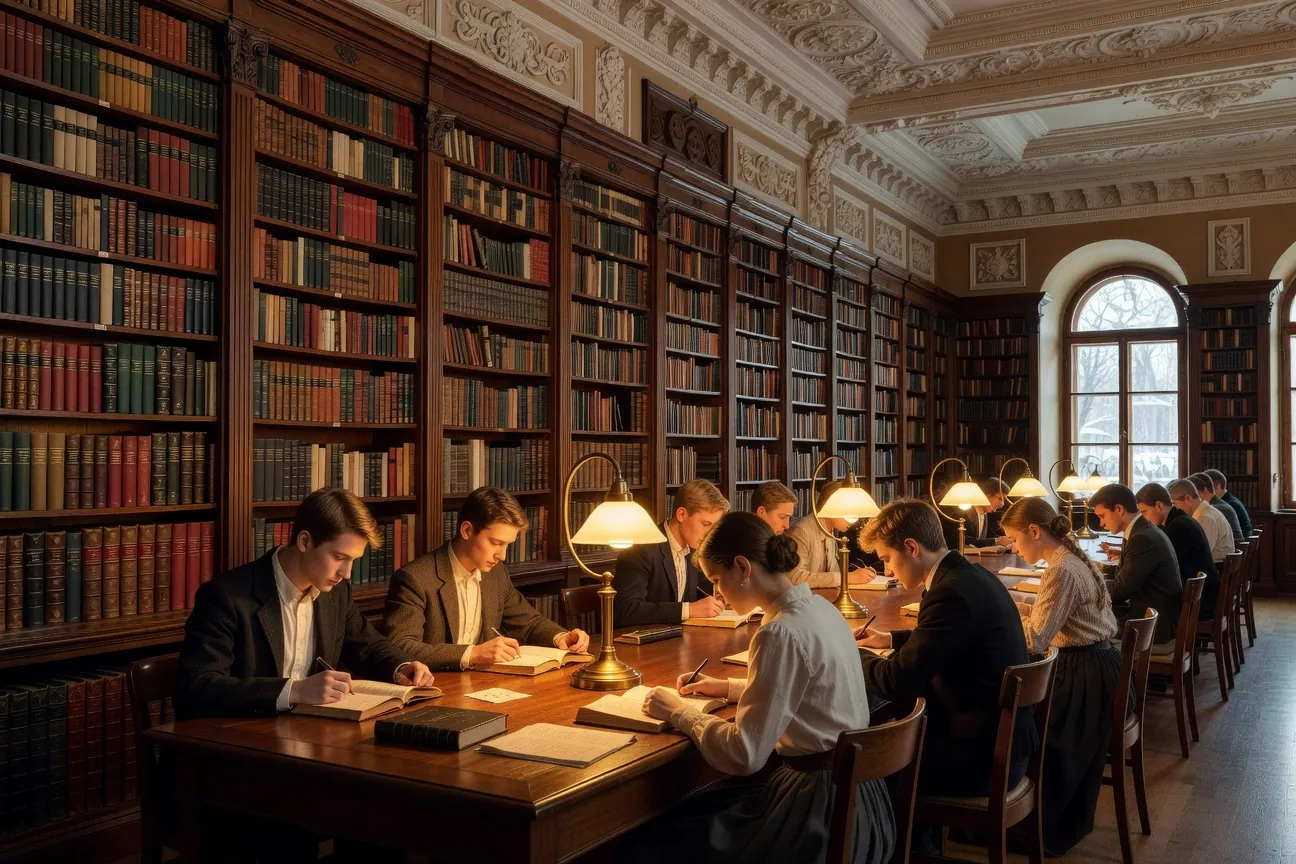 Etudiants en bibliotheque universitaire russe - ambiance studieuse
