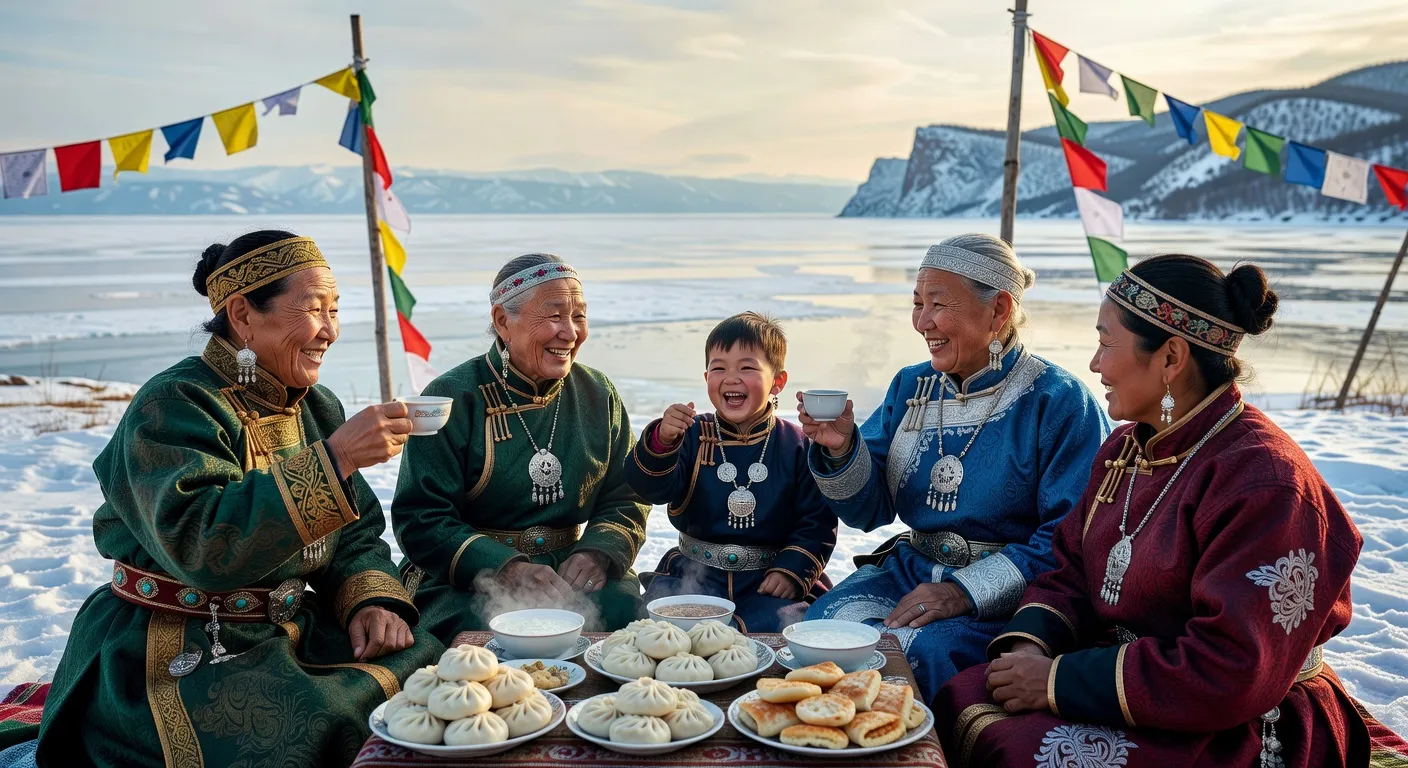Famille bouriate en tenue traditionnelle célébrant le Sagaalgan (Nouvel An bouriate) près du lac Baïkal