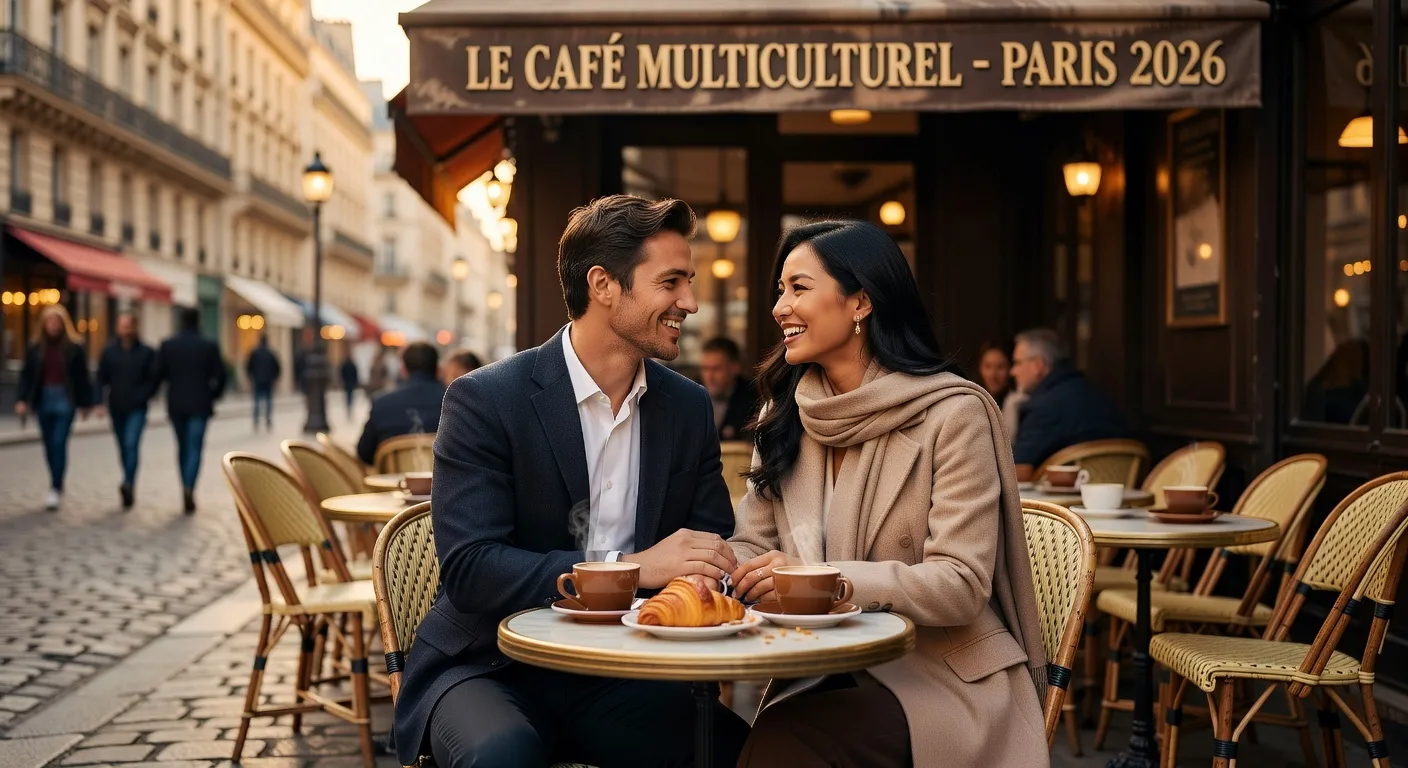 Couple franco-mongol heureux dans un café parisien, atmosphère multiculturelle chaleureuse