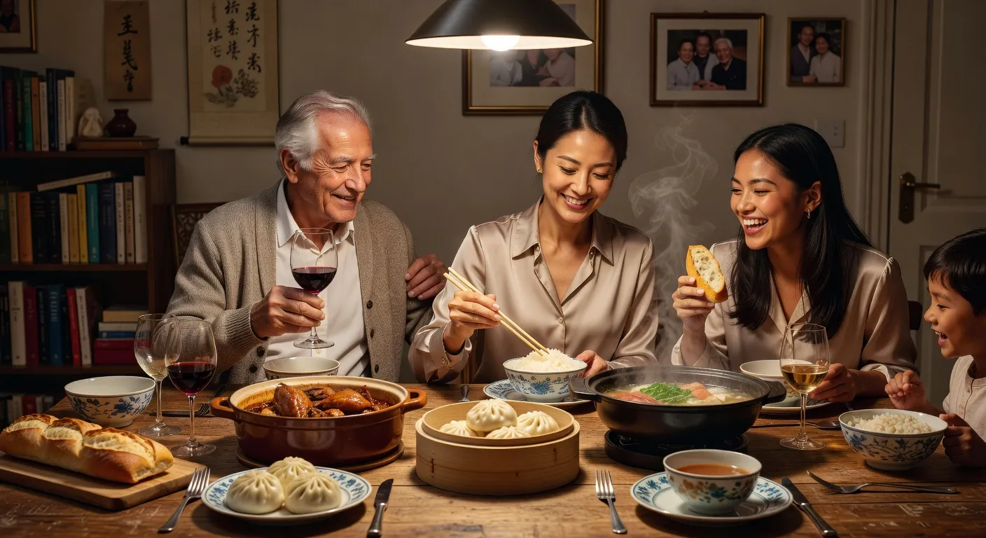 Dîner en famille interculturel franco-mongol à la maison, ambiance chaleureuse