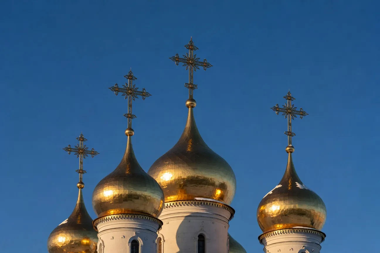 Coupoles bulbeuses dorees d'une cathedrale orthodoxe russe sous le ciel hivernal