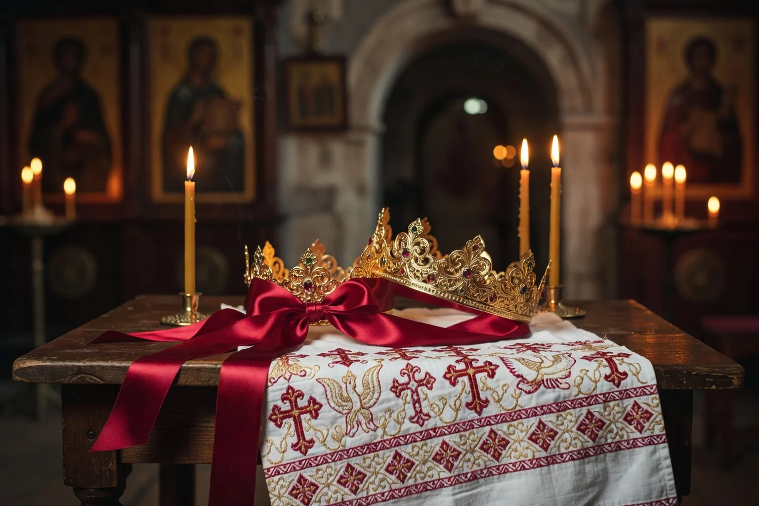 Stefana, couronnes de mariage orthodoxe russe en metal dore reliees par un ruban blanc