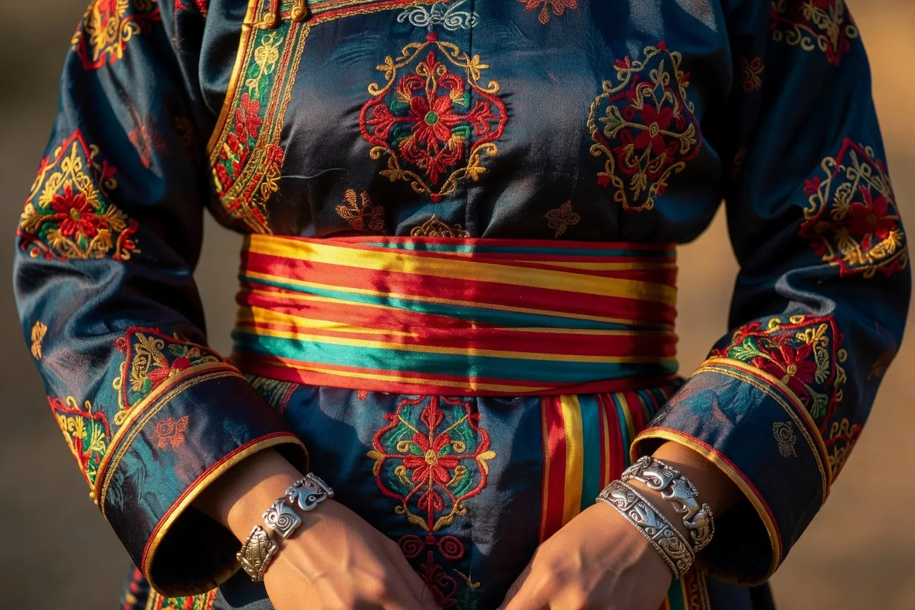 Femme mongole traditionnelle portant le deel ceremoniel - bijoux d'argent et coiffure tressee