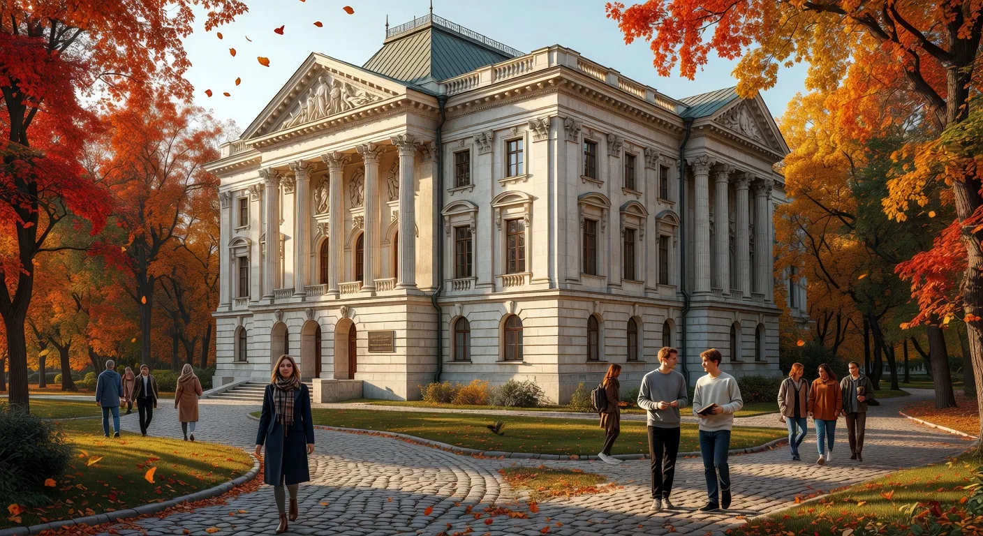Campus universitaire russe en architecture classique, étudiants marchant dans les allées en automne
