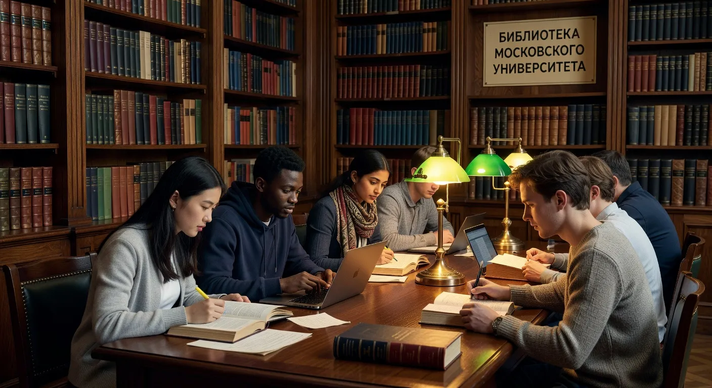 Groupe d'étudiants internationaux dans une bibliothèque universitaire russe, ambiance studieuse