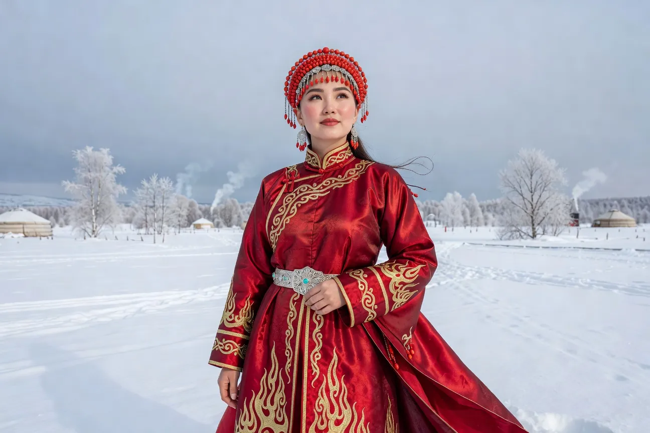 Femme bouriate en costume traditionnel degel avec bijoux en argent