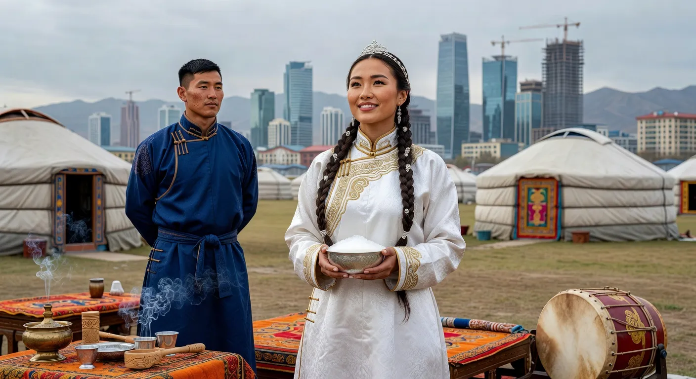 Cérémonie de mariage mongol 2026, mariée en robe deel blanche brodée or