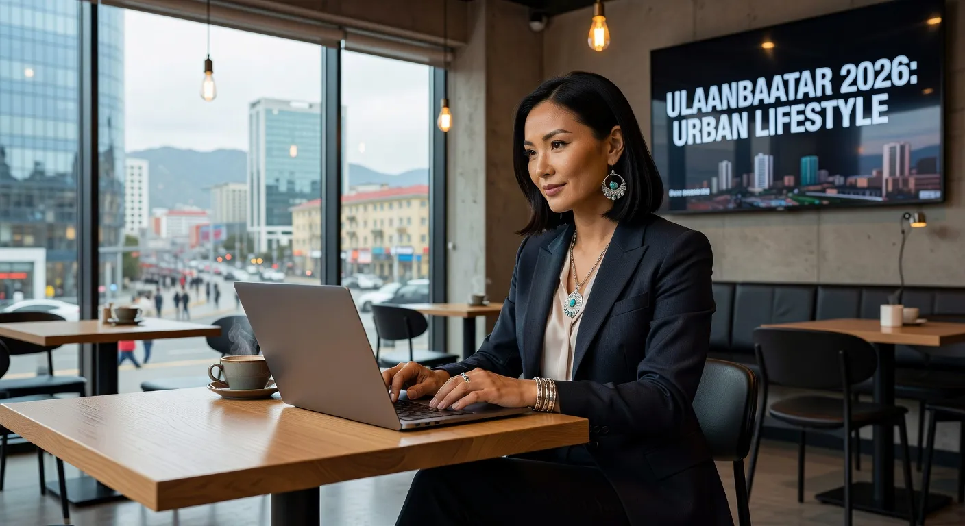 Femme mongole moderne dans un café d'Oulan-Bator avec laptop et bijoux traditionnels