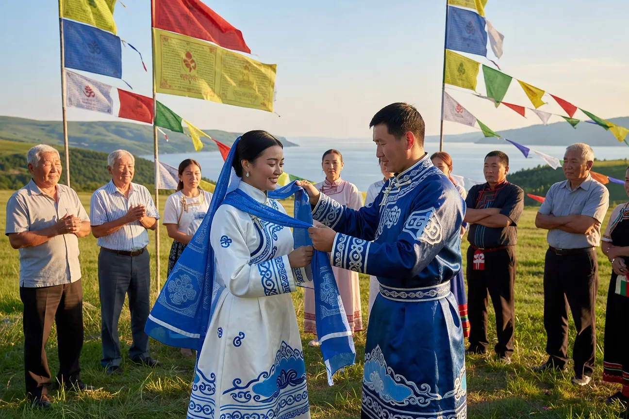 Mariage bouriate traditionnel - couple en costumes degel pendant la cérémonie
