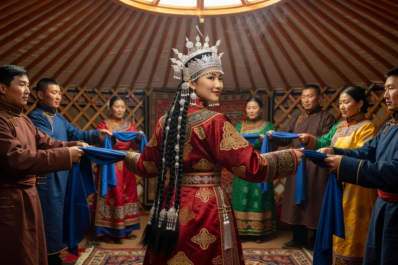 Mariage traditionnel mongol - mariée en deel ceremoniel et coiffure shitsureg dans une yourte