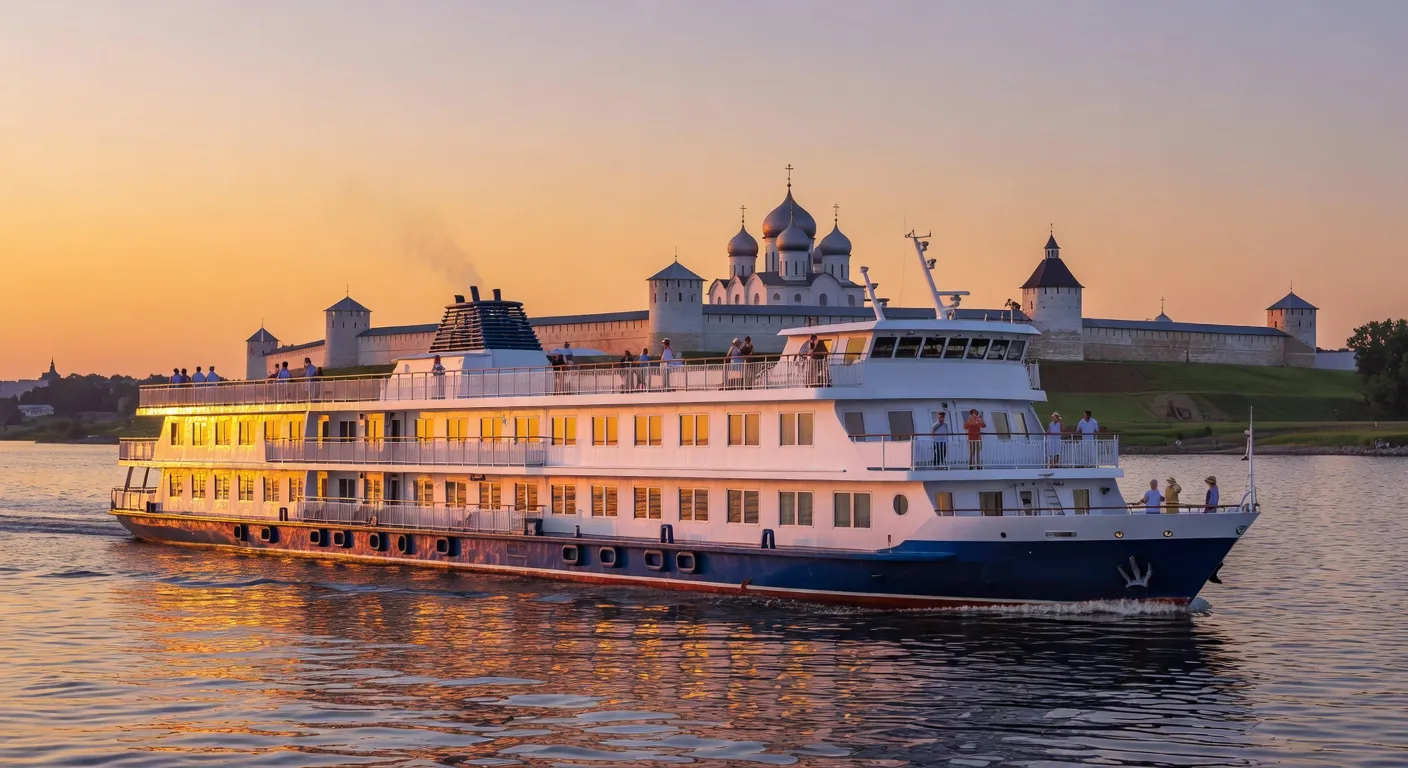 Navire de croisière sur la Volga au coucher du soleil, Kremlin d'Astrakhan en arrière-plan