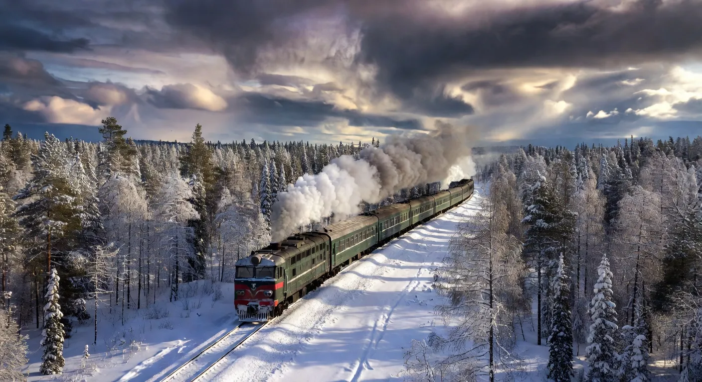 Train Transsibérien traversant la taïga sibérienne en hiver
