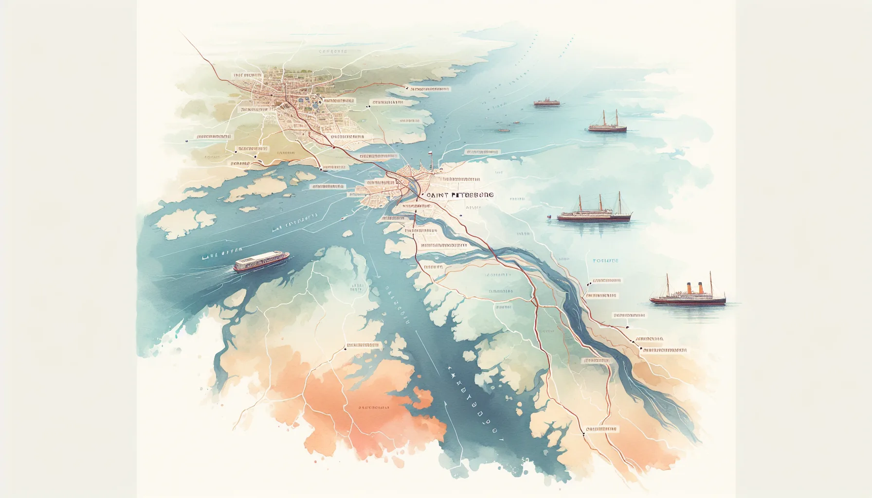 Carte de l'itin&eacute;raire fluvial Moscou-Saint-P&eacute;tersbourg via la Volga et les canaux russes