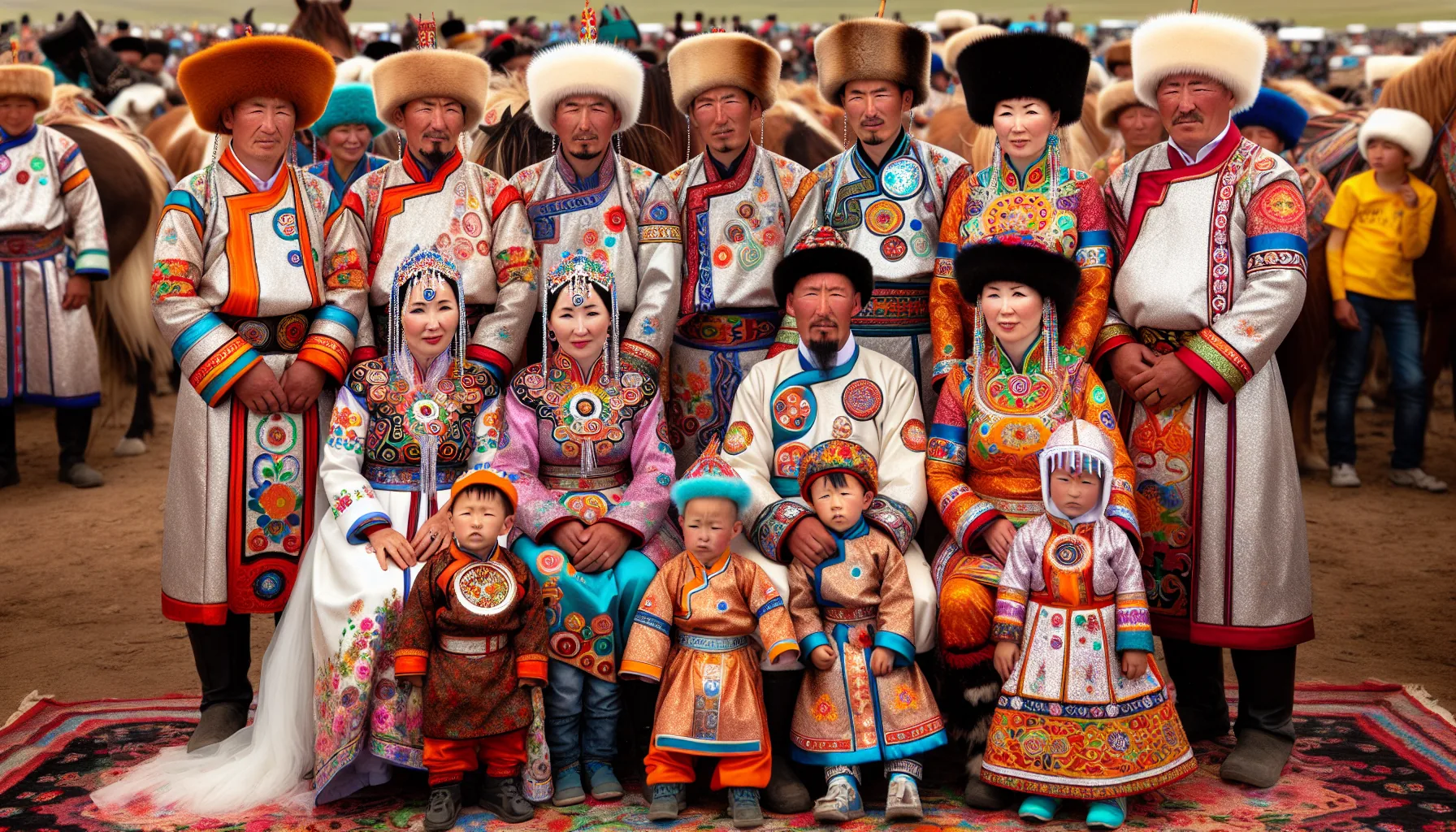 Famille bouriate en tenue traditionnelle lors d'une f&ecirc;te &agrave; Oulan-Oud&eacute;