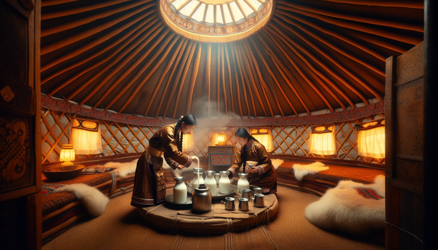 Femme mongole nomade préparant le thé sous une yourte traditionnelle