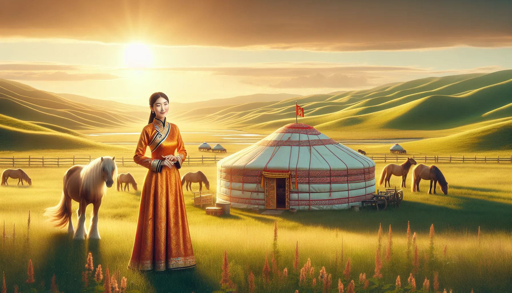 Femme mongole en tenue traditionnelle dans les steppes de Mongolie